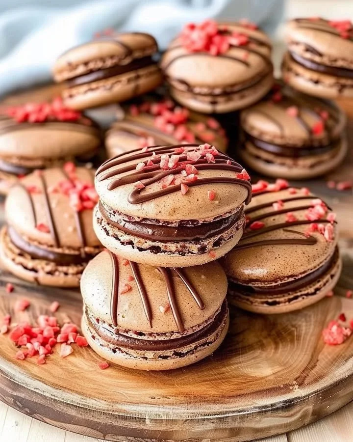 Chocolate strawberry macarons displayed on a plate