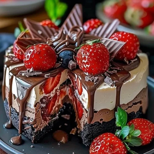 Layers of chocolate and strawberry swirl cheesecake on a serving plate.