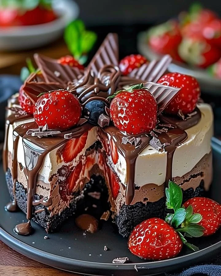 Layers of chocolate and strawberry swirl cheesecake on a serving plate.