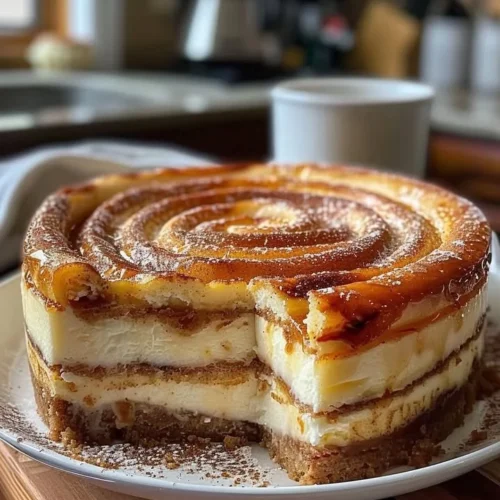 Delicious Cinnamon Roll Cheesecake with swirls of cinnamon and creamy cheesecake