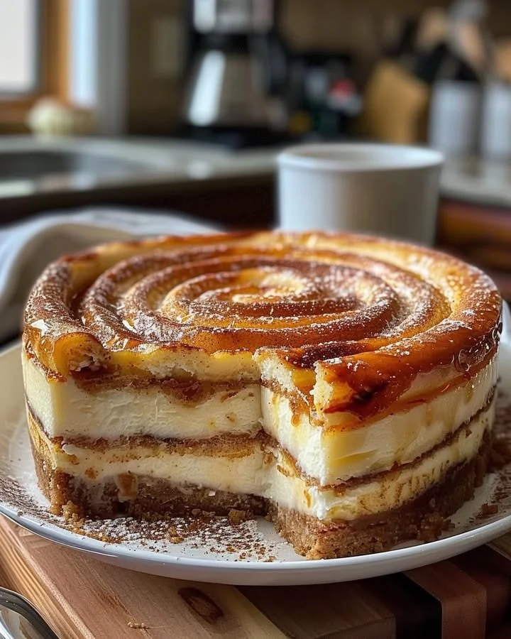 Delicious Cinnamon Roll Cheesecake with swirls of cinnamon and creamy cheesecake