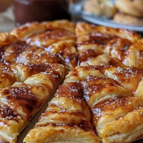 Cinnamon-sugar pizza made with crescent rolls, served warm and sprinkled with sugar.