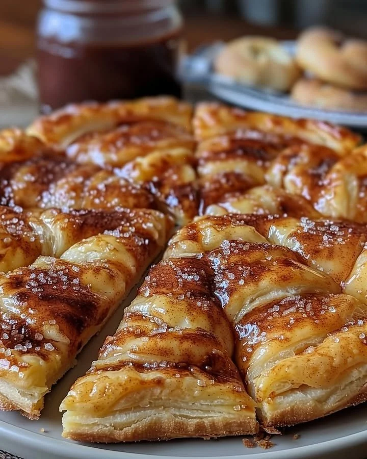 Cinnamon-sugar pizza made with crescent rolls, served warm and sprinkled with sugar.