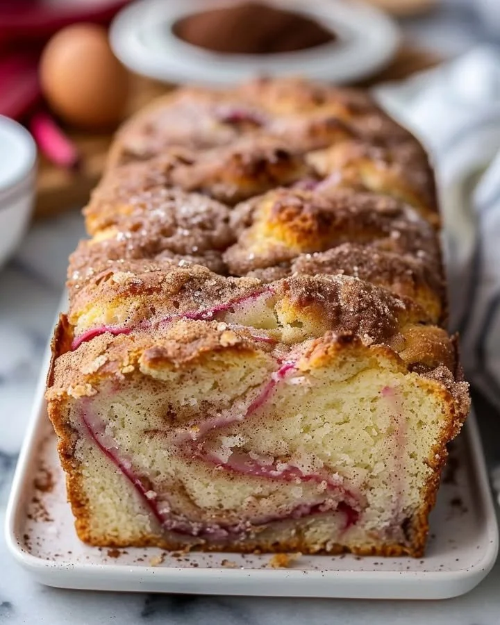 A delicious loaf of Cinnamon Swirl Rhubarb Bread with cinnamon swirls and chunks of rhubarb.