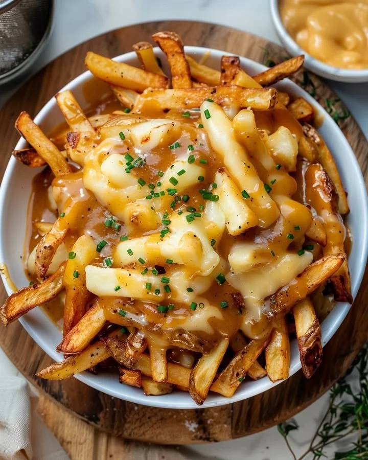 A delicious plate of Classic Canadian Poutine with fries, cheese curds, and gravy.