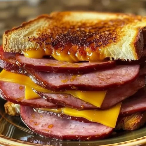 Delicious classic fried bologna served on a plate with toppings