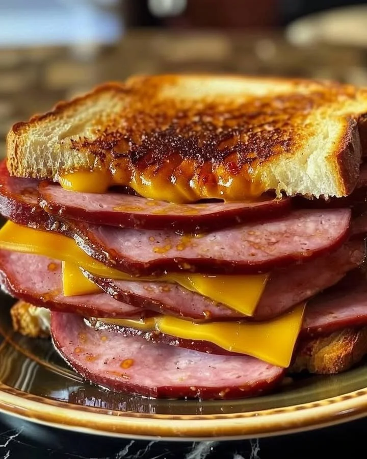 Delicious classic fried bologna served on a plate with toppings
