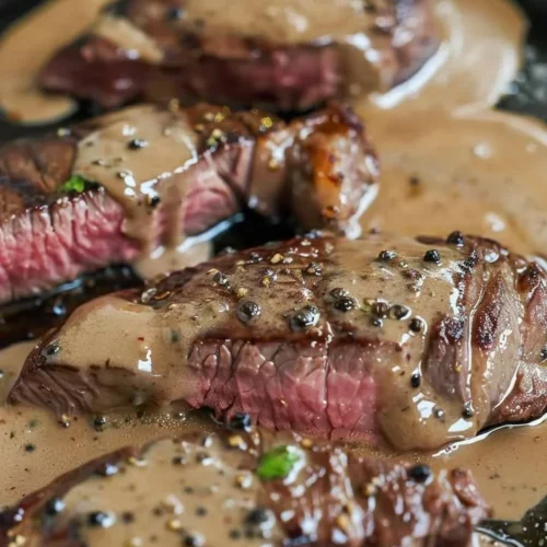 Classic peppercorn steak served on a plate with herbs and spices