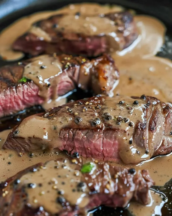 Classic peppercorn steak served on a plate with herbs and spices