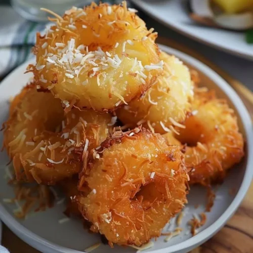 Crispy Coconut Pineapple Fritters served on a plate