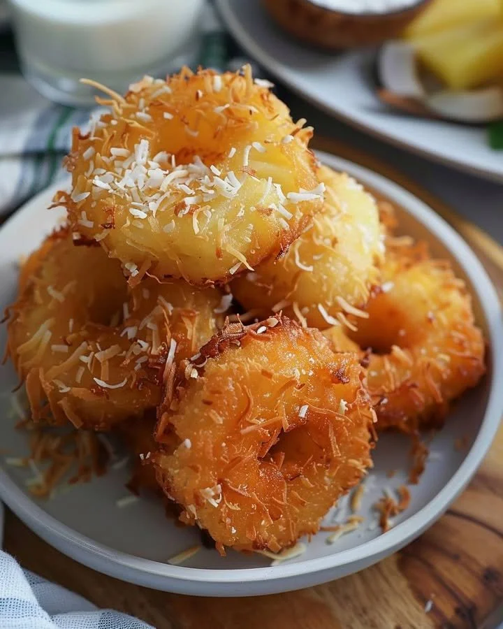 Crispy Coconut Pineapple Fritters served on a plate