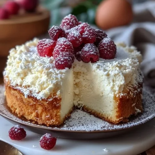 Slice of Coconut Ricotta Cream Cake topped with coconut flakes and cream