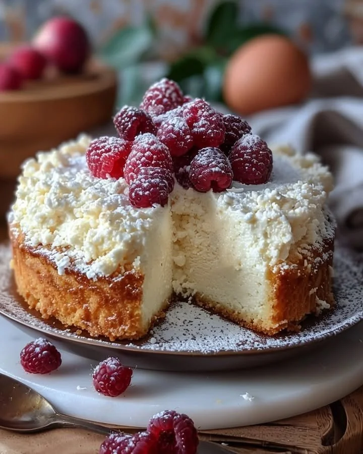 Slice of Coconut Ricotta Cream Cake topped with coconut flakes and cream