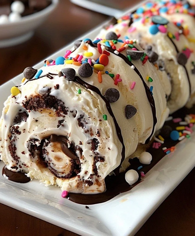 Delicious cookie dough ice cream cake rolls topped with chocolate chips.