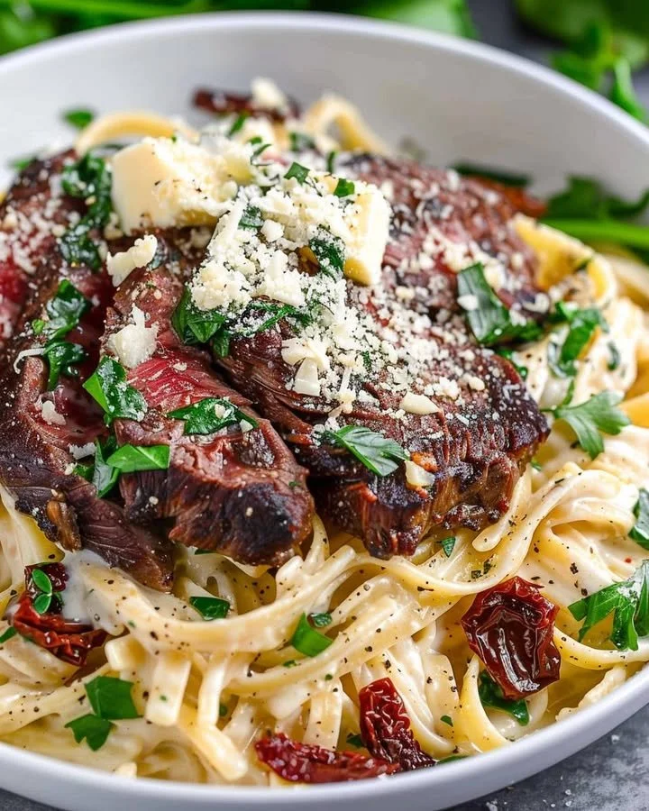 Deliciously creamy Steak Gorgonzola Alfredo served on a plate