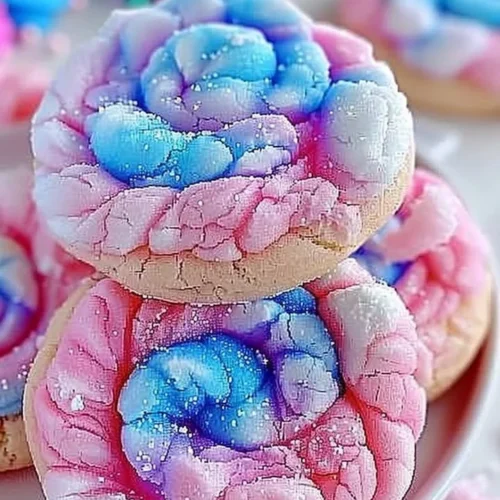 Delicious cotton candy cookies with pastel colors and sprinkles on a plate