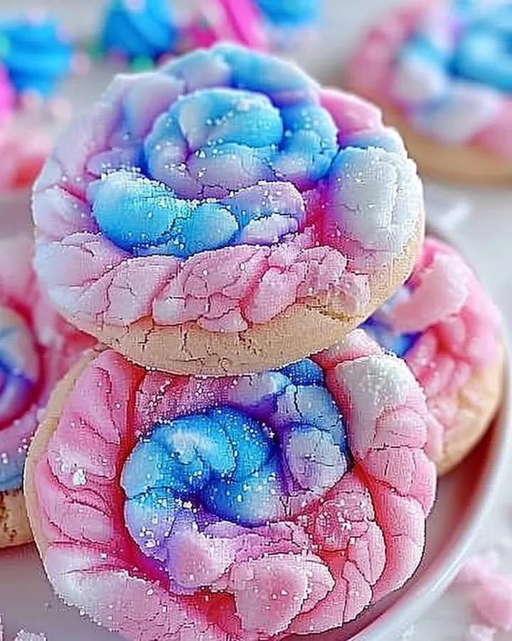 Delicious cotton candy cookies with pastel colors and sprinkles on a plate