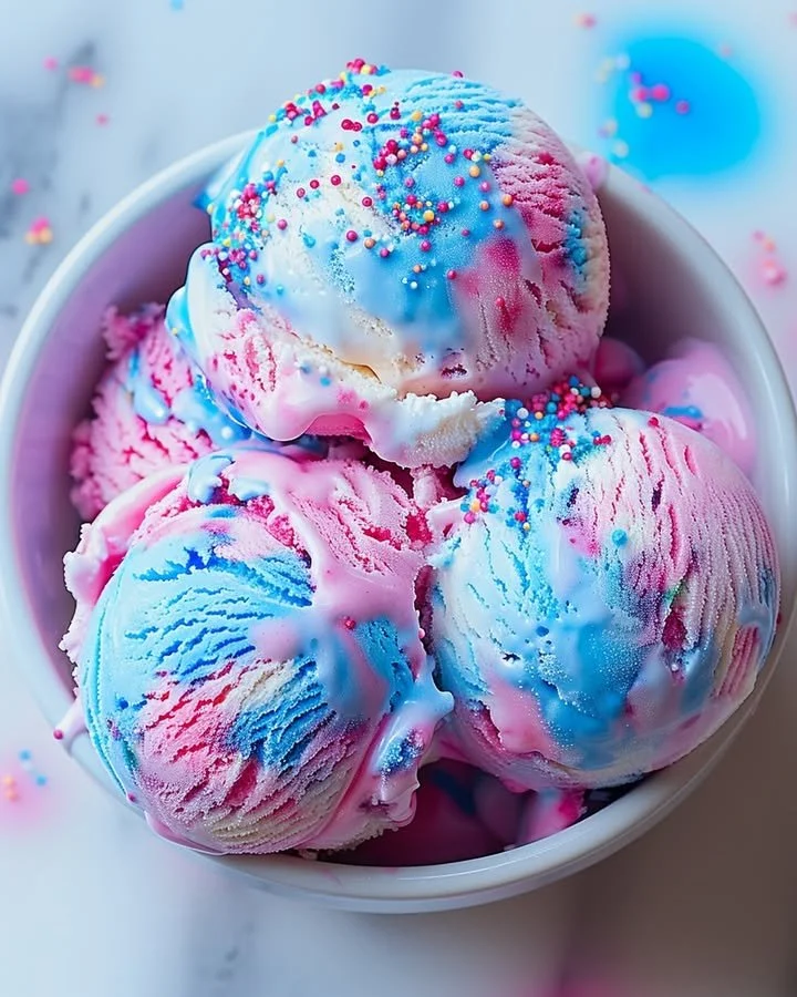 A colorful bowl of cotton candy ice cream topped with sprinkles.