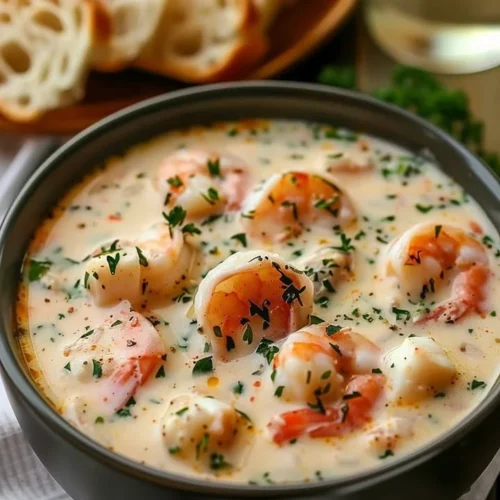 Bowl of crab and shrimp seafood bisque garnished with herbs