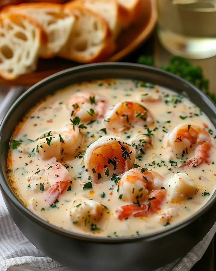 Bowl of crab and shrimp seafood bisque garnished with herbs