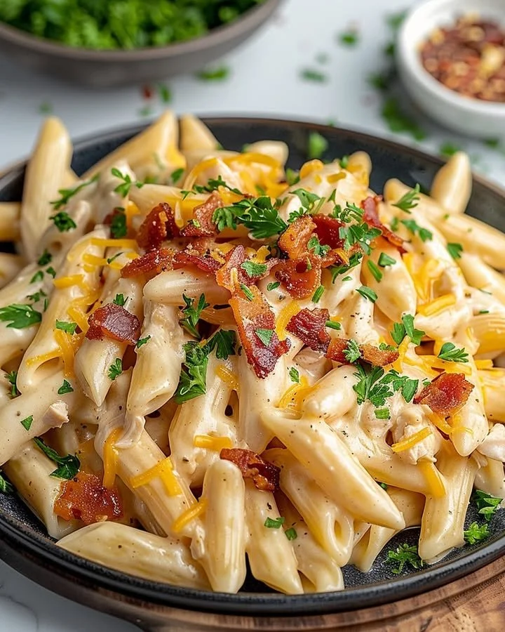Delicious Crack Chicken Penne served in a creamy sauce with herbs