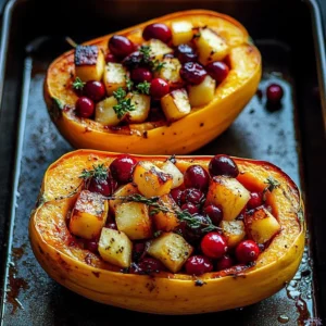 Cranberry Apple Twice-Baked Sweet Potatoes topped with herbs and cranberries.