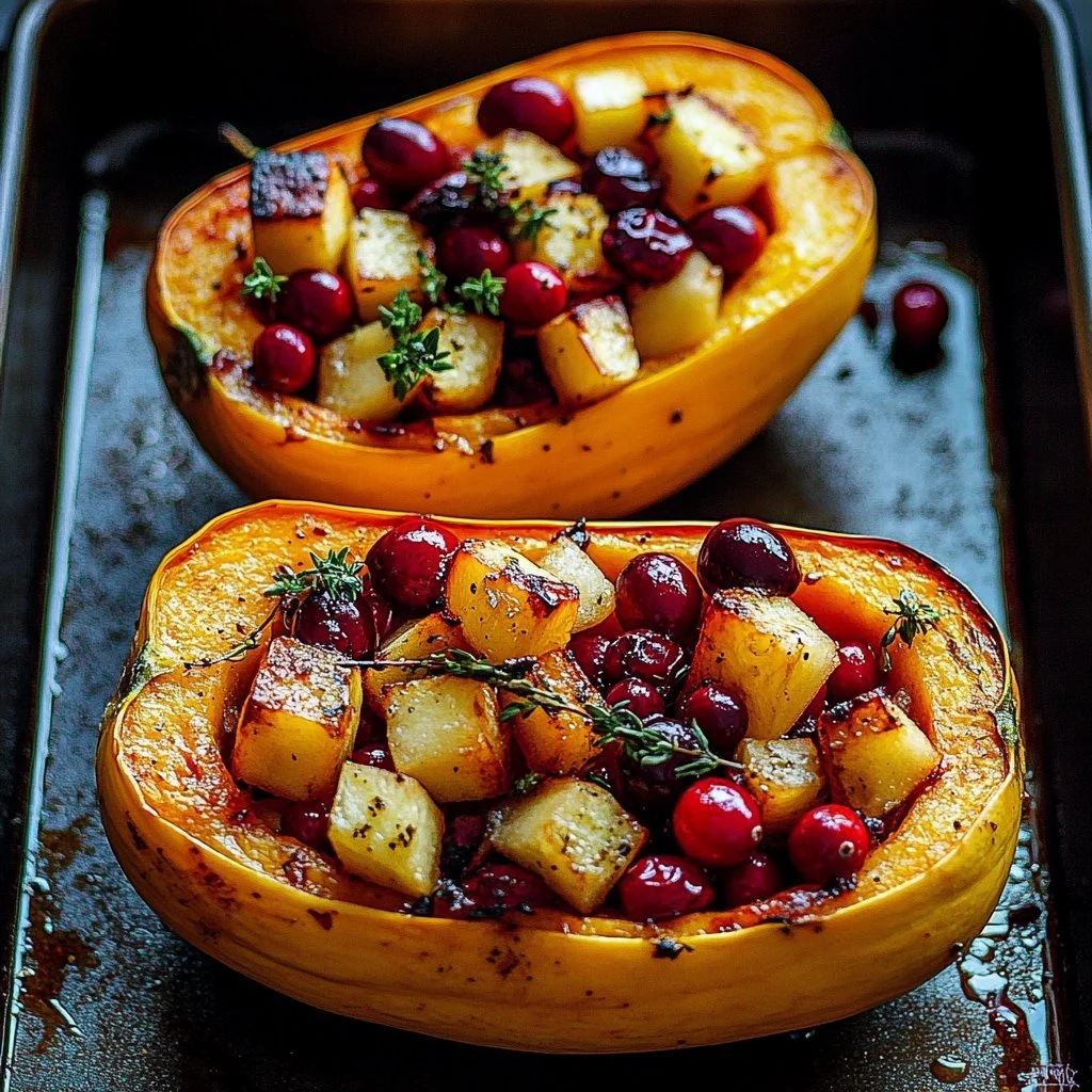 Cranberry Apple Twice-Baked Sweet Potatoes topped with herbs and cranberries.