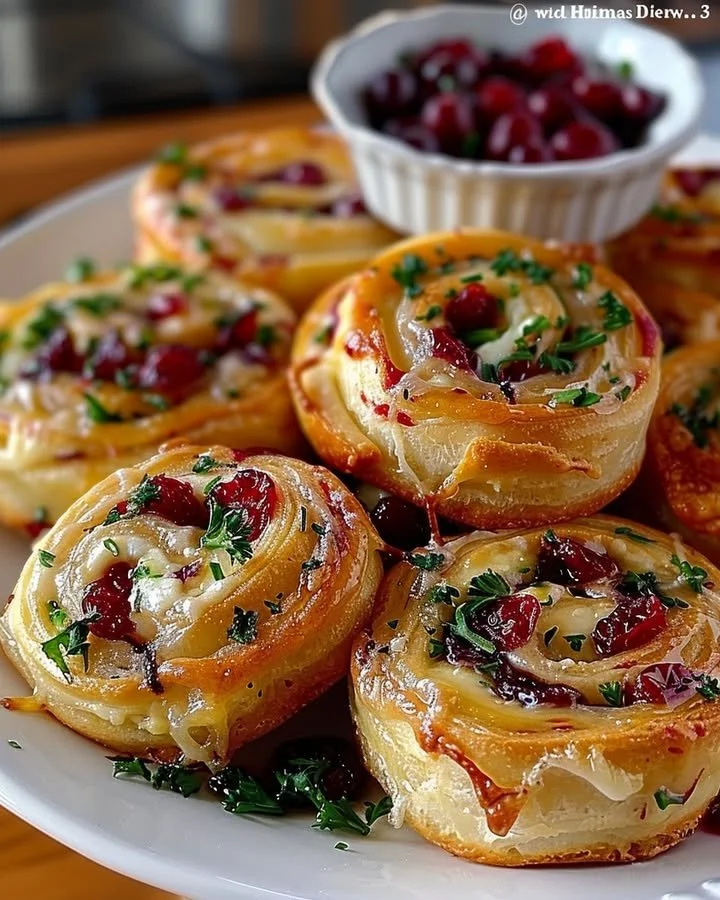 Cranberry feta pinwheels with cream cheese served on a platter.