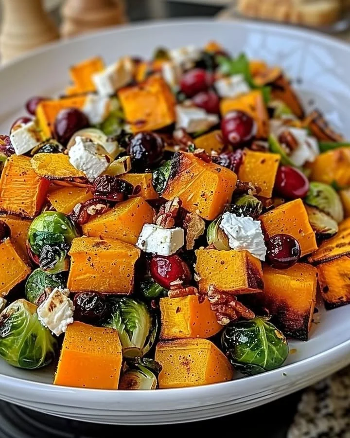 Cranberry-Glazed Roasted Butternut Squash Salad with fresh greens and nuts
