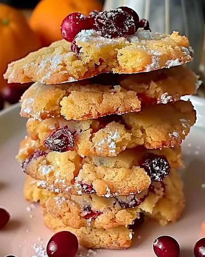 Cranberry orange shortbread cookies arranged on a festive plate