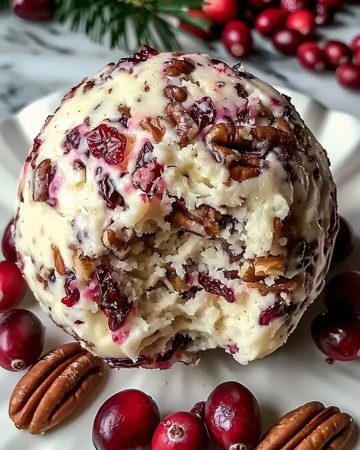 Cranberry Pecan Cheese Ball served on a wooden platter with crackers.
