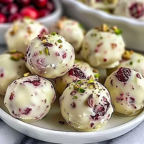 Cranberry Pistachio Truffles topped with white chocolate on a decorative plate
