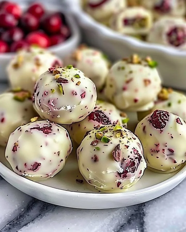 Cranberry Pistachio Truffles topped with white chocolate on a decorative plate