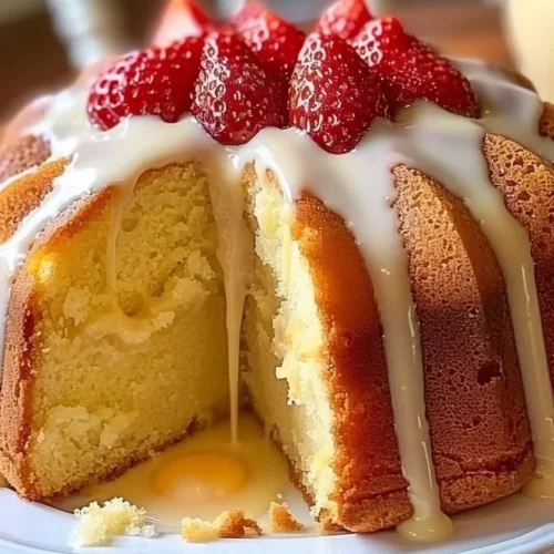 Delicious cream cheese pound cake slice on a plate with fresh berries