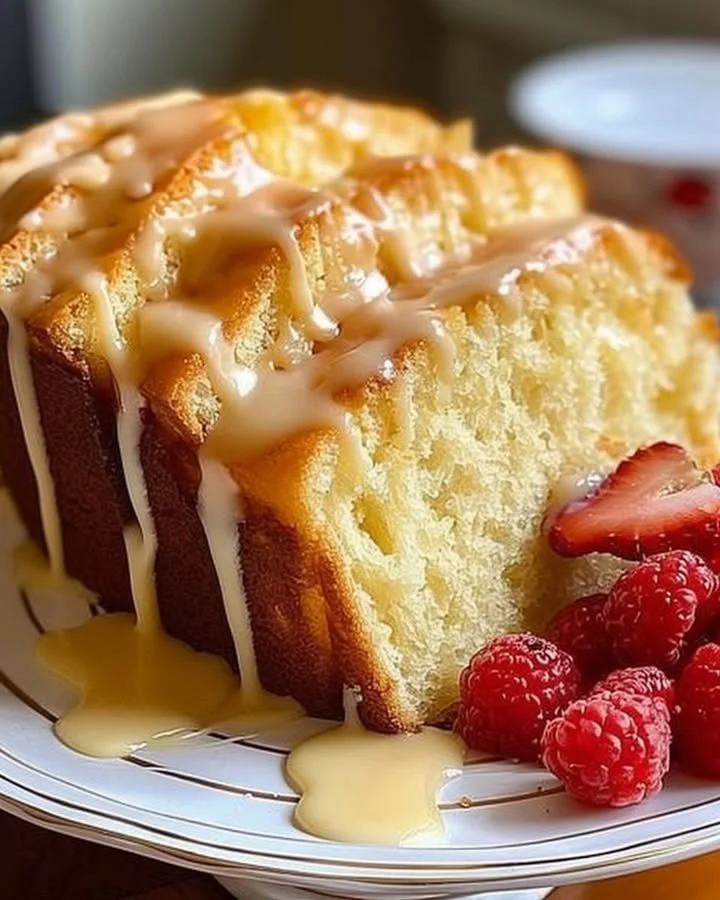 Delicious cream cheese pound cake served on a plate, showcasing its moist texture.