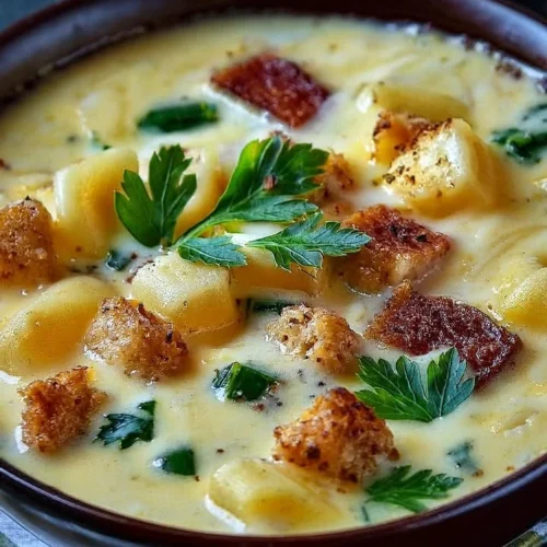 Creamy Alfredo lasagna soup in a bowl topped with herbs and cheese