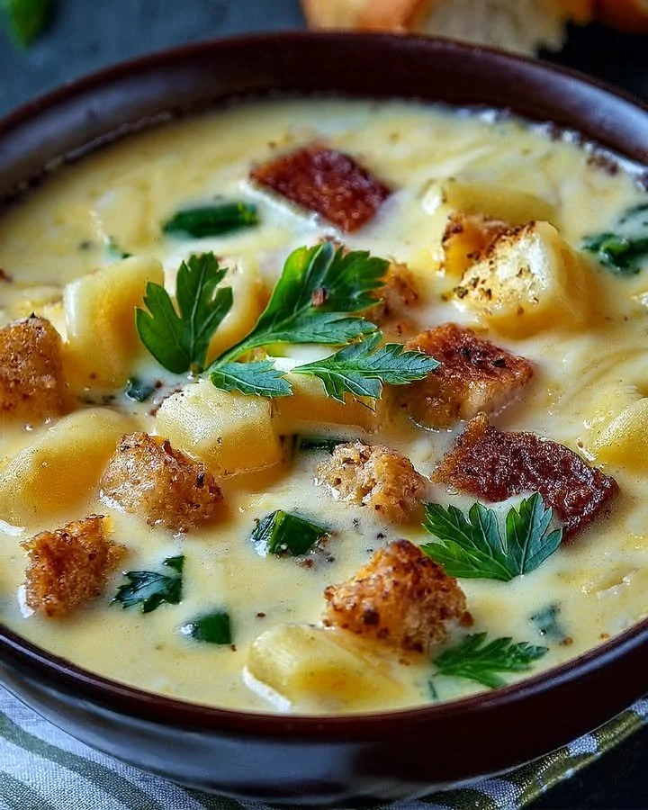 Creamy Alfredo lasagna soup in a bowl topped with herbs and cheese