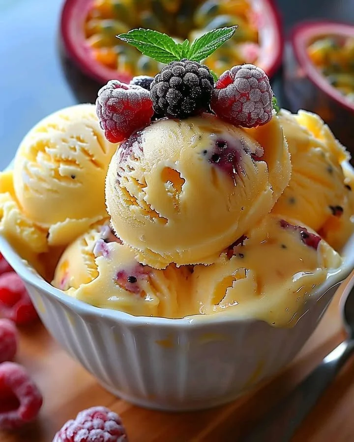 Creamy passion fruit ice cream with a tropical twist in a bowl