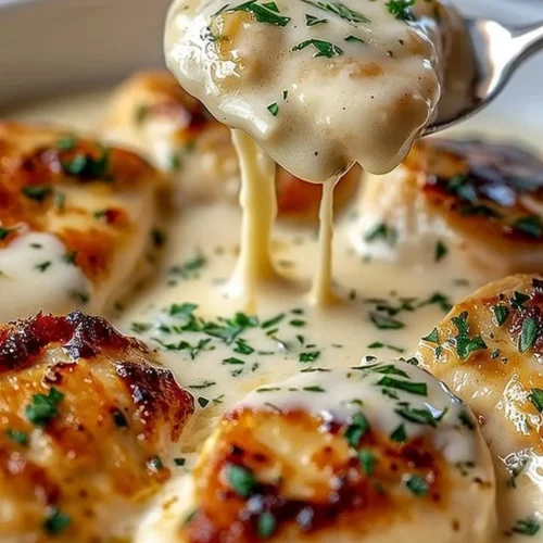 Delicious creamy Asiago chicken served with herbs and vegetables.