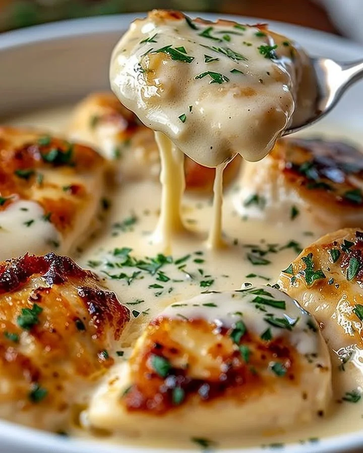 Delicious creamy Asiago chicken served with herbs and vegetables.