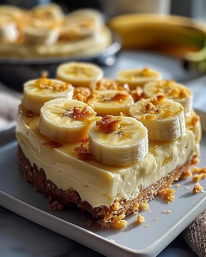 Slice of creamy banana cheesecake topped with banana slices and whipped cream