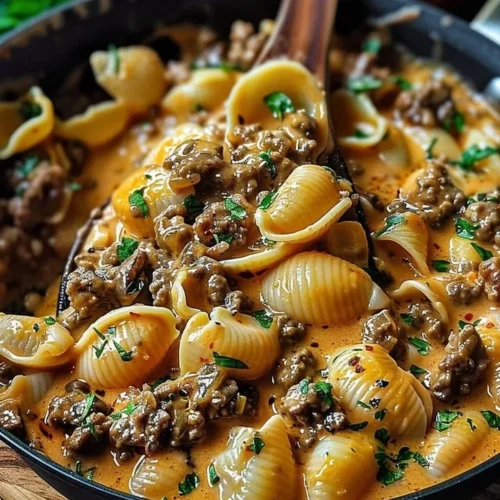 Delicious creamy beef shells casserole served in a dish