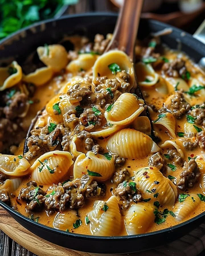 Delicious creamy beef shells casserole served in a dish