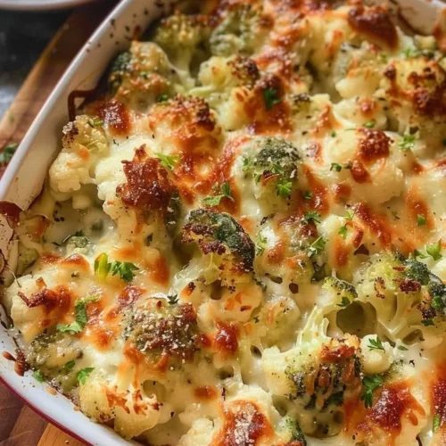 Creamy broccoli-cauliflower bake dish served in a white casserole dish