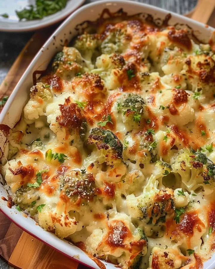 Creamy broccoli-cauliflower bake dish served in a white casserole dish