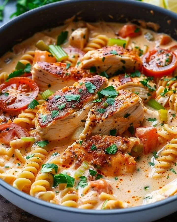 Creamy Cajun chicken pasta with spices, chicken, and herbs on a plated dish