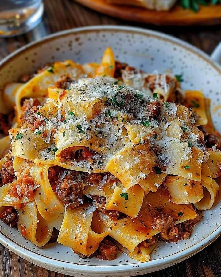 Creamy Calabrian Chili Pappardelle with sausage and fennel served in a bowl