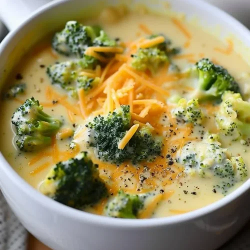 Creamy cheddar broccoli soup in a white bowl garnished with fresh broccoli