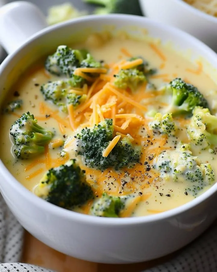 Creamy cheddar broccoli soup in a white bowl garnished with fresh broccoli