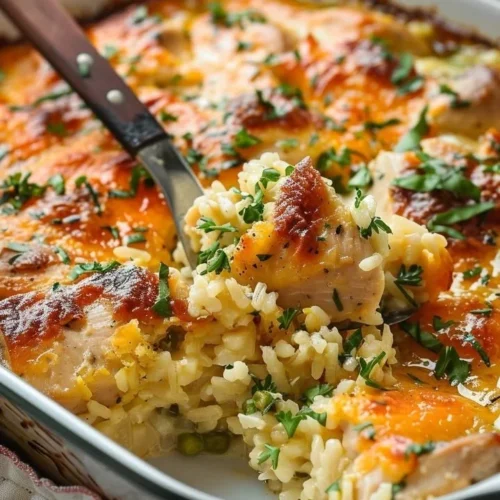 Creamy chicken and rice bake dish presented in a casserole dish